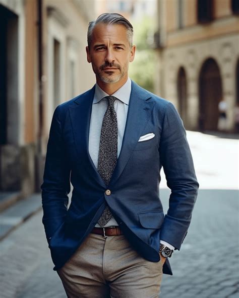 blue blazer with grey pants.